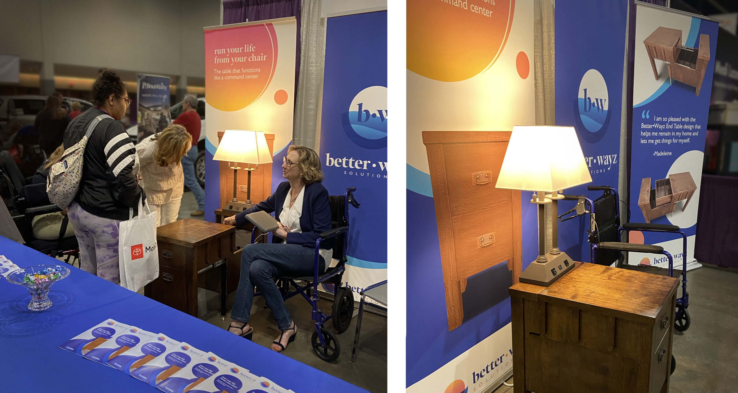 Therese Griebel shows the BetterWayz End Table at the Abilities Expo